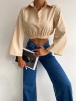 Bej Bel Lastikli Crop Gömlek