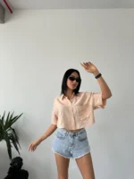 Bej Tensel Kumaş Crop Gömlek