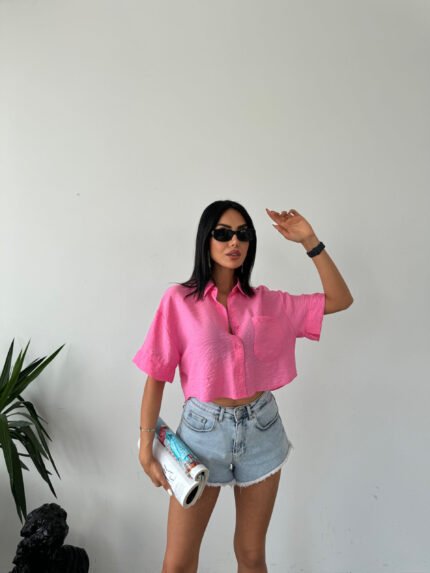 Pembe Tensel Kumaş Crop Gömlek