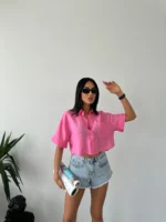 Pembe Tensel Kumaş Crop Gömlek