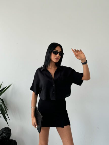 Siyah Tensel Kumaş Crop Gömlek