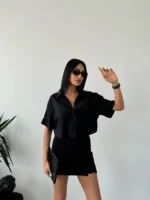 Siyah Tensel Kumaş Crop Gömlek