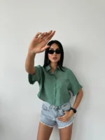 Yeşil Tensel Kumaş Crop Gömlek