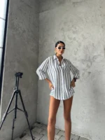 Beyaz Çizgili Tensel Oversize Gömlek