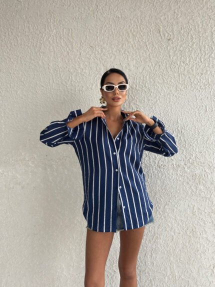 Lacivert Çizgili Tensel Oversize Gömlek