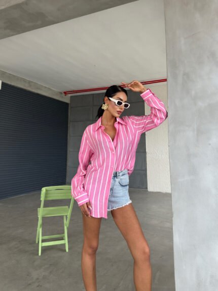 Pembe Çizgili Tensel Oversize Gömlek