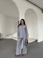 Gri Çilek Gömlek Yırtmaçlı Pantolon Takım