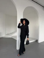 Siyah Çilek Gömlek Yırtmaçlı Pantolon Takım