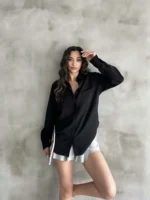 Siyah Tensel Oversize Gömlek