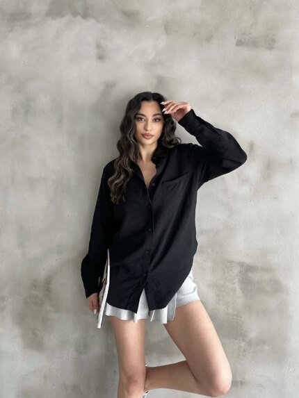 Siyah Tensel Oversize Gömlek