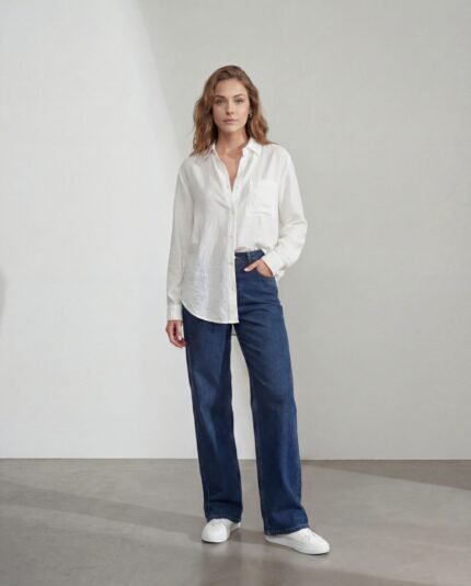 Beyaz Cepli Oversize Gömlek