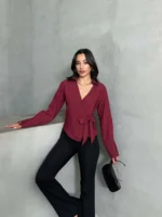 Bordo Yan Bağlamalı Tensel Gömlek
