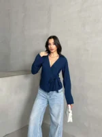 Lacivert Yan Bağlamalı Tensel Gömlek