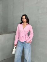 Pembe Yan Bağlamalı Tensel Gömlek
