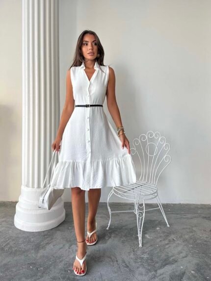 BEYAZ YAKALI KETEN DÜĞMELİ ELBİSE