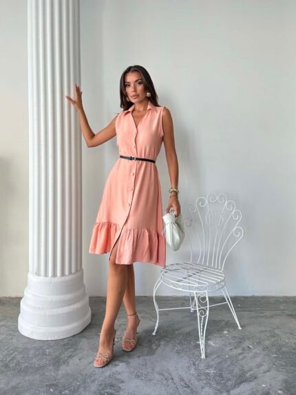 PUDRA YAKALI KETEN DÜĞMELİ ELBİSE