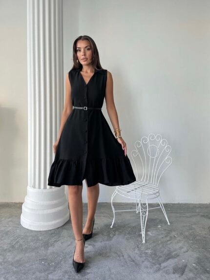 SİYAH YAKALI KETEN DÜĞMELİ ELBİSE