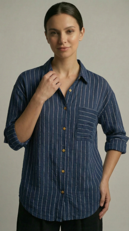 Lacivert Çizgili Cepli Oversize Gömlek