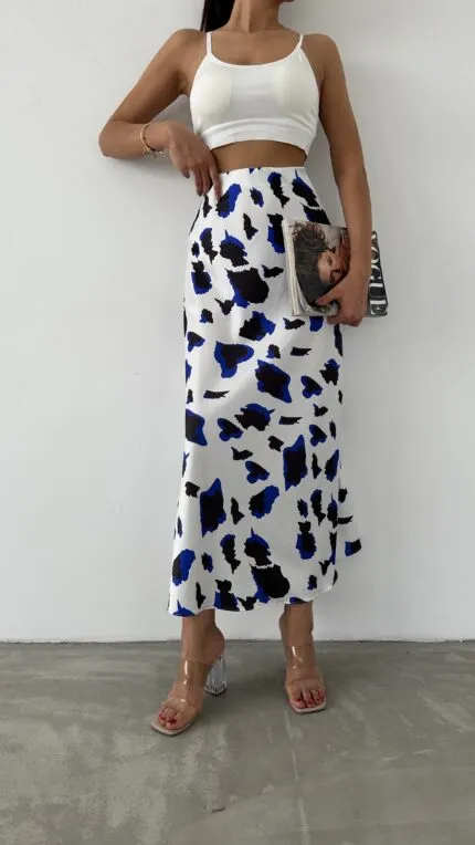 Midi Length Patterned Satin Skirt