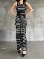 Beli Lastikli Çizgili Pantolon