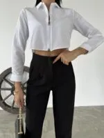 Uzun Kollu Fermuarlı Poplin Kadın Gömlek