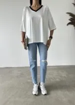 Yakası Renkli V Yaka Basic T-shirt