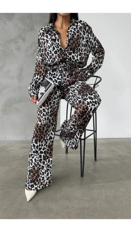 Leopar Desenli Saten Gömlek