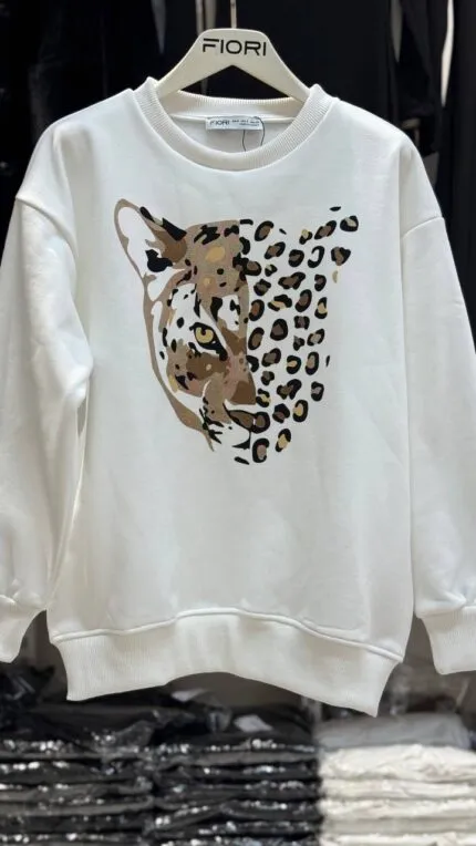 Kaplan Baskılı Bisiklet Yaka 3 İplik Şardonlu Sweatshirt