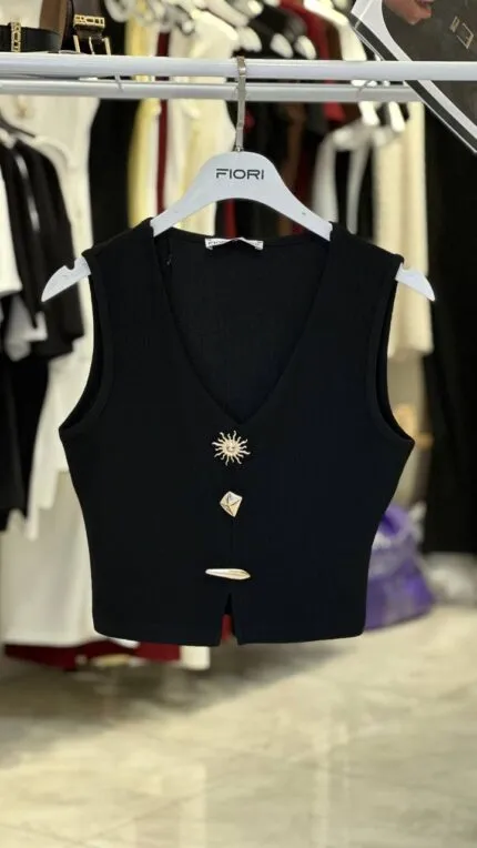 Siyah Crop Top Dar Kalıp V Yaka Japone Kol
