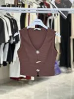 Kahverengi Crop Top V Yaka Ve Japone Kol