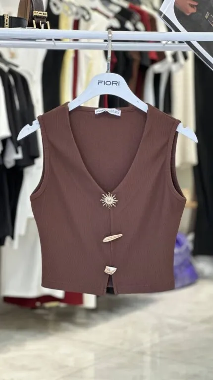 Kahverengi Crop Top V Yaka Ve Japone Kol