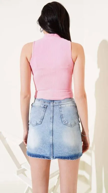 Pembe Crop Top Balıkçı Yaka Ve Japone Kol