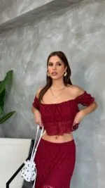 Kırmızı Işıltılı Seksi Gündelik Zarif Takım