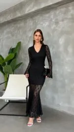 Siyah Çiçekli Uzun Kollu Bodycon Elbise