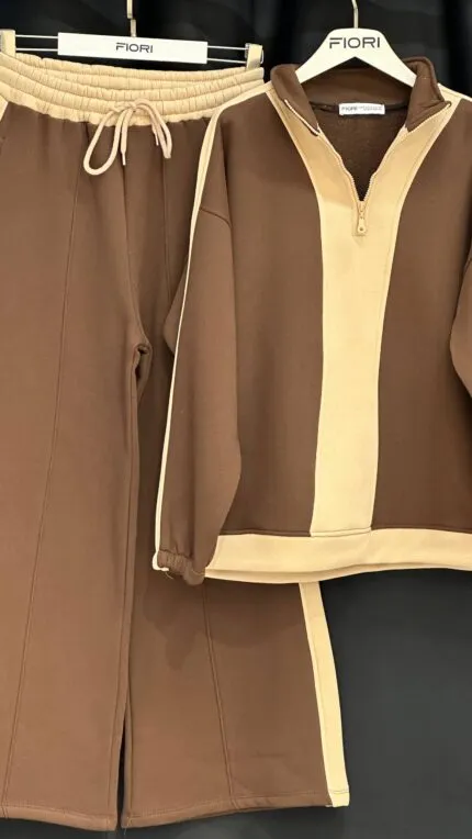 Brown Tracksuit Set with Color Block Design