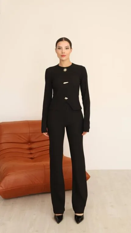 Black Elegant Slim Fit Tracksuit Set