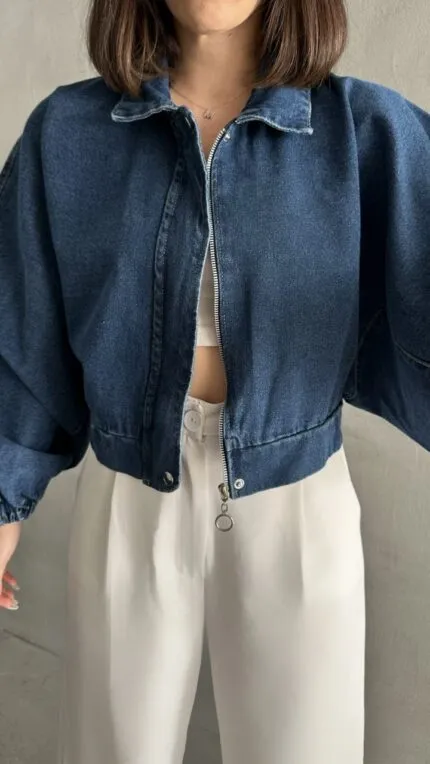 Blue Loose Fit Batwing Sleeve Jacket With Classic Collar
