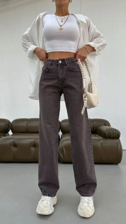 Grey Mom Jeans High Waist Long Straight Leg