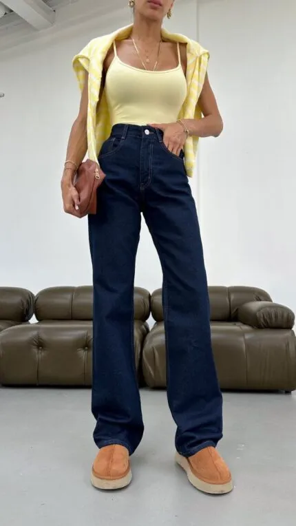 Mavi Günlük Nostaljik Mom Kot Pantolon Geniş Paçalı