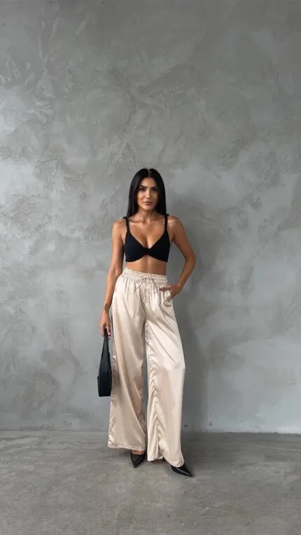 Beige Palazzo Pants with Drawstring Waist