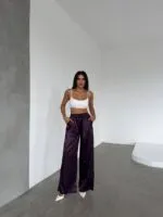 Mor Palazzo Pantolon İp Büzgülü
