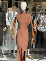 Kahverengi Kolsuz Fit & Düz Elbise Balıkçı Yaka