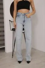Mavi Mom Kot Pantolon Yüksek Bel Ve Düz Paça