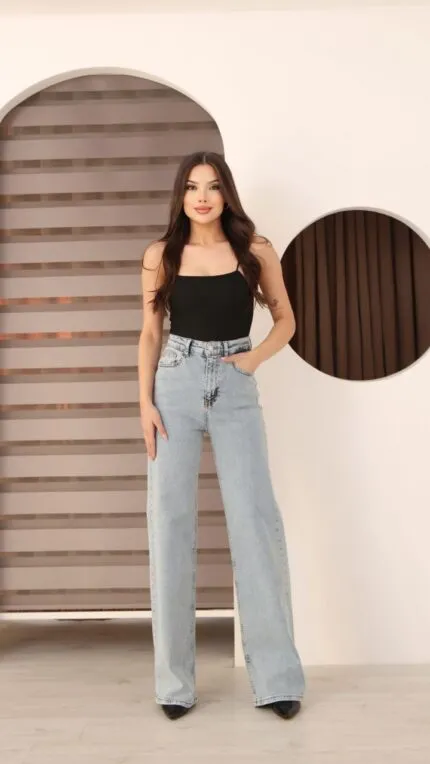 Mavi Mom Kot Pantolon Yüksek Bel Ve Geniş Paça İle