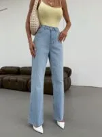 Mavi Mom Kot Pantolon Yüksek Bel Geniş Paça Günlük Sokak Modası
