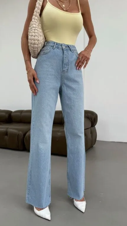 Mavi Mom Kot Pantolon Yüksek Bel Geniş Paça Günlük Sokak Modası