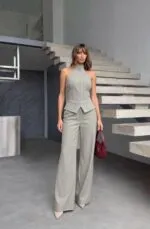 Gri Fermuar Detay Kolsuz Çizgili Takım
