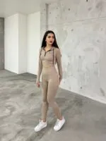 Taş Rengi Kalın Fitilli Taytlı Takım