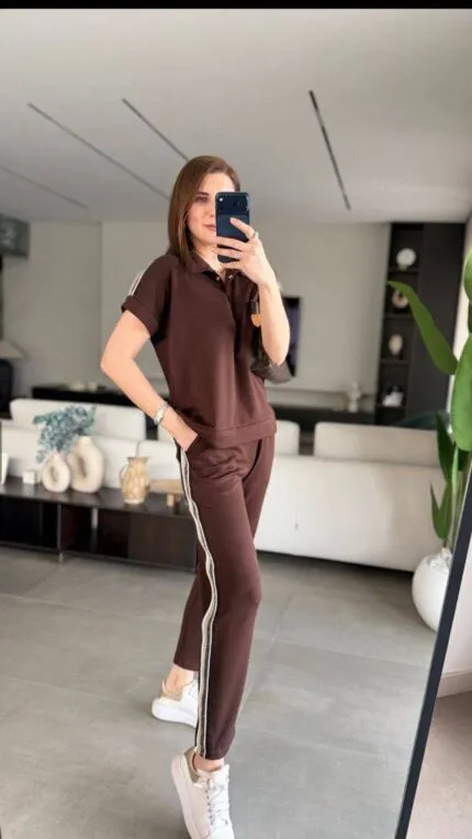 Kahverengi Şeritli Polo yaka takım