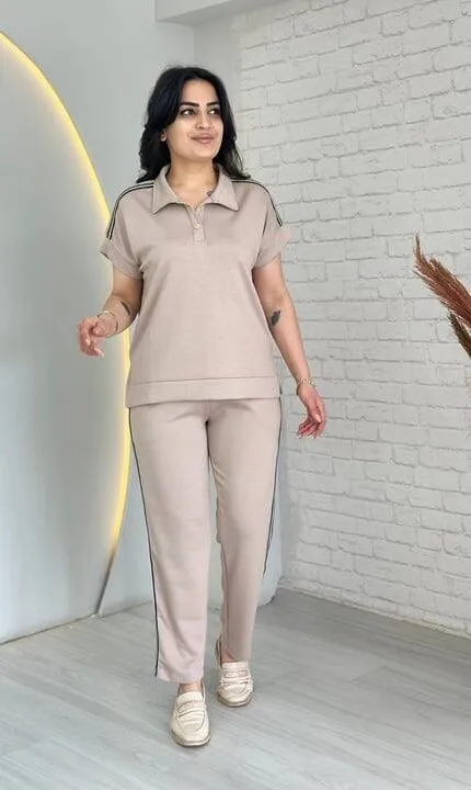 Bej Şeritli Polo yaka takım